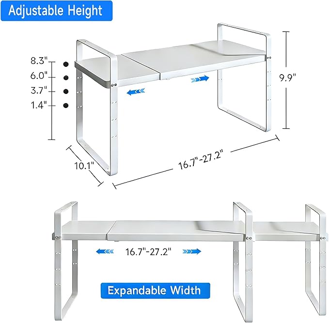 KIKIBRO Expandable Cabinet Shelf Organizer, Stackable Kitchen Pantry Counter Storage, Adjustable Closet Cupboard Stand Rack Risers Spice Organization 80LBS Heavy Duty White Large 1 Pack