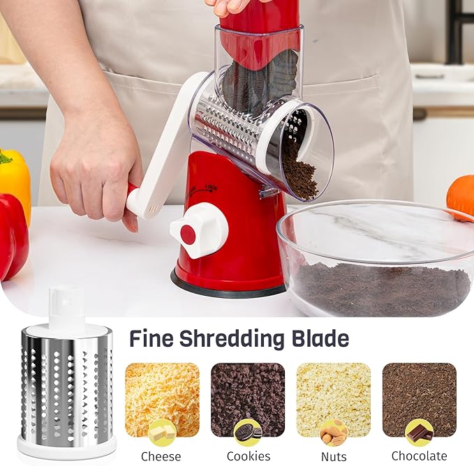 Nexsujo Rotary Cheese Grater Hand Crank, 3 Blades Slicer Shredder, Cheese Grater for Kitchen, Multi-Functional Kitchen Tool for Vegetables, Nuts, Chocolate, with Strong Suction Base, Red