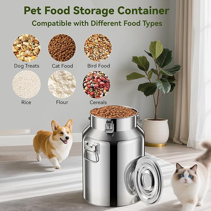 Newget 16lb Stainless Steel Dog Food Storage Container, Metal Pet Storage Container with Airtight Hangable Lid to Keep Food Fresh, Large Cat Food Storage Container with Scoop to Easily Clean