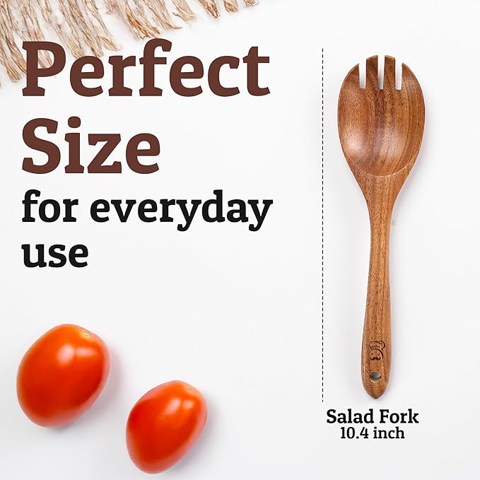 Priority Chef Wooden Salad Server Fork – Single Teak Salad Serving Utensil for Tossing and Serving Greens, Pasta & Sides – Durable, Nonstick-Safe Kitchen Tool