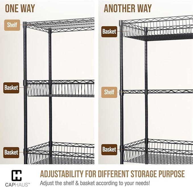 CAPHAUS NSF Commercial Heavy Duty 4 Tier Wire Shelving w/Two Rectangle Baskets, Wheels, Leveling Feet, Storage Metal Shelf, Basement Garage Shelving, Utility Wire Rack Storage Black