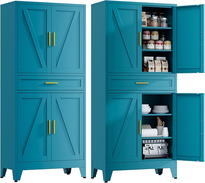 YNIQUESTLE 71" Tall Farmhouse Pantry Cabinet,Metal Cabinet with Adjustable Shelves and Doors,Storage Cabinet for Kitchen Garage,Blue
