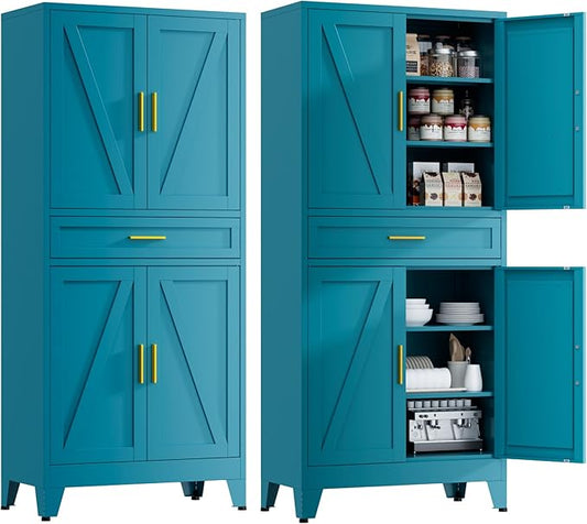YNIQUESTLE 71" Tall Farmhouse Pantry Cabinet,Metal Cabinet with Adjustable Shelves and Doors,Storage Cabinet for Kitchen Garage,Blue