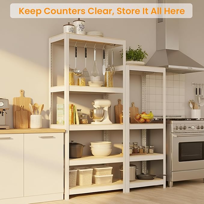 5 Tier Metal Shelves Unit, Adjustable Pantry Organizers and Storage Shelves, Shelving Unit for Closet with Clothes Rod, Storage Rack for Pantry, Laundry, Kitchen - White& Wood Color