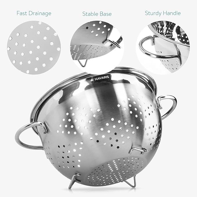 Navaris Stainless Steel Colander 4.8L / 5-Quart - Metal Strainer with Large Holes and Handles for Pasta, Spaghetti, Vegetables, Rice