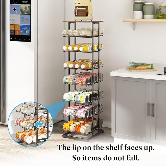 GILLAS 3 5 6 7 8 Tier Water Bottle Storage with Wooden Tabletop,Metal Beverage Can Rack,Large Capacity Bottled Rack Water Bottle Holder Stand for Cabinet,Countertop Kitchen,Party,Black