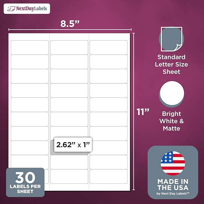NextDayLabels 2.63x1 Inch Rectangle Stickers White Blank Labels for Laser Inkjet Printer - 30 Per Sheet Self-Adhesive Address Mailing Name Tags Made in USA - 15,000 Labels