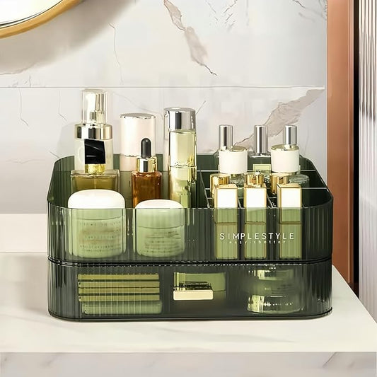 Makeup Organizer for Vanity, Large Desk Organizer with Stackable Drawer for Cosmetics, Skincare, Lipsticks, Eyeshadow Palette, Nail Care, Ideal Storage for Dresser and Bathroom Countertop-Green