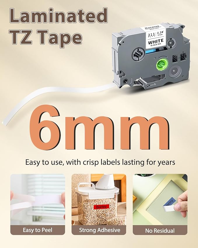 6mm 0.23" Laminated TZ Tape Compatible for Brother P Touch Colored Refills Tze-211/111/411/511/611/711 for PTD220 PTH100 PTH110 PTD202 PTD210 PT1280 Label Maker, Clear/White/Red/Blue/Yellow/Green