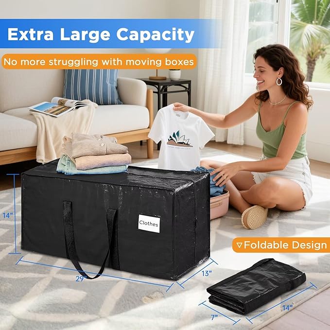 BETU Extra Large Moving Bags Heavy Duty Storage Bags with Zipper Handles, 12 Pack Clothes Storage Totes Bins Packing Moving Boxes, Moving Supplies for College Dorm Essentials, Space Saving, Black