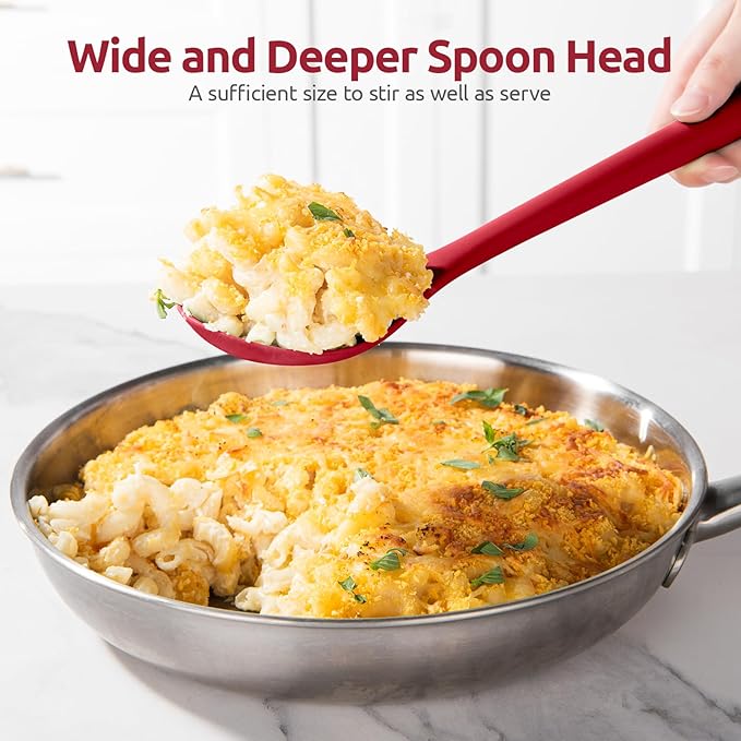 600ºF Heat Resistant Slotted Spoon: U-Taste 13.3in Solid Kitchen Cooking Spoon, Nonstick Food Grade Large & Long Rubber Utensil for Mixing, Serving, Stirring, Basting, Frying, Draining (Red)