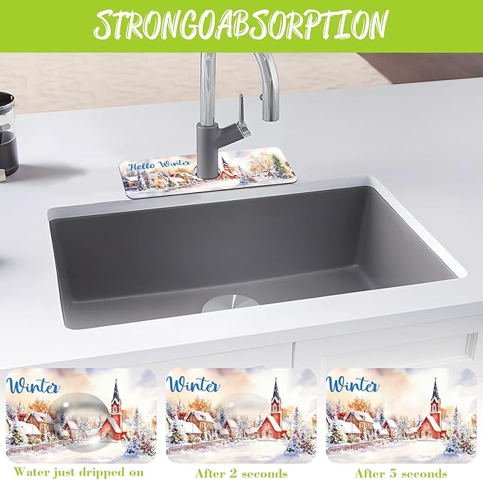Chrismas Sink Faucet Absorbing Mat Hello Winter Sink Splash Guard Drying Mat for Kitchen Bathroom Faucet Sinkmat 15.5"X5.5"