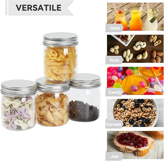 novelinks 8 oz Clear Plastic Jars with Airtight Lids, 48 Pack Plastic Mason Jars with Lids 8oz, Refillable Storage Slime Containers & Small Spice Jar for Kitchen Organization (48 Pack,Silver)