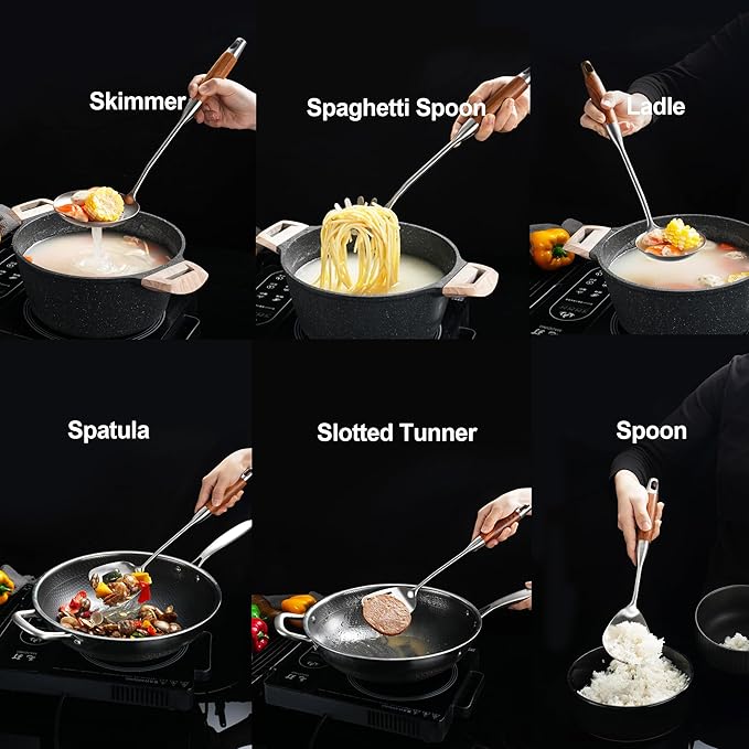 NIITAWH Stainless Steel Kitchen Utensils 12.5"-14" Wooden Handle Metal Cooking Utensils Set 9 PCS, Solid and Slotted Spoon, Fork, Spatula, Ladle, Skimmer, Slotted Tunner, Spaghetti Large Spoon