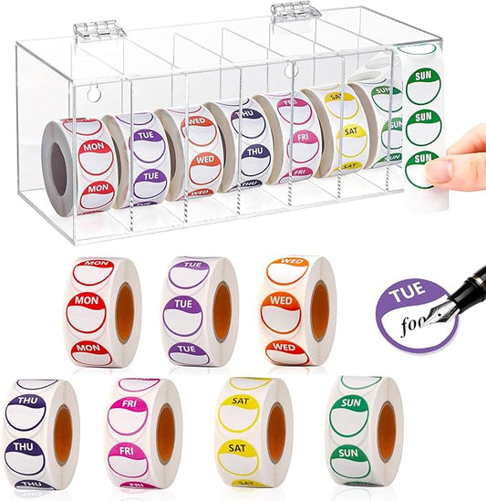 3500 PCS 7 Days of The Week Stickers 1 Inch Sticker Roll Dispenser Holder Acrylic Day Dot Dispenser Food Date Labels Stickers Monday to Sunday for Kitchen Restaurant Expiration Date