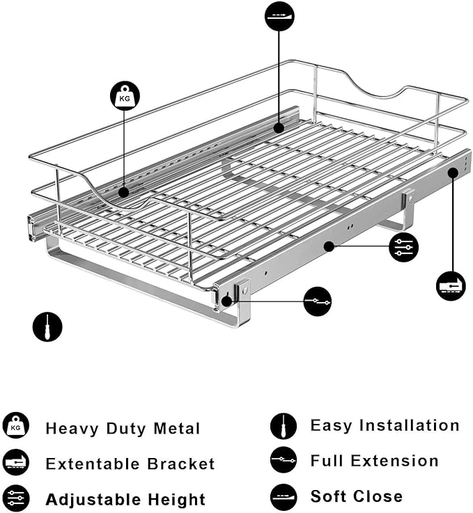 Pull Out Cabinet Organizer, (14½"W x 20" D) Soft Close Slide Out Drawer, 1 Tier Pull Out Cabient Shelf for Kitchen Base Cabinet Under Sink Space, Pantry Organization, Bathroom, Wire Basket