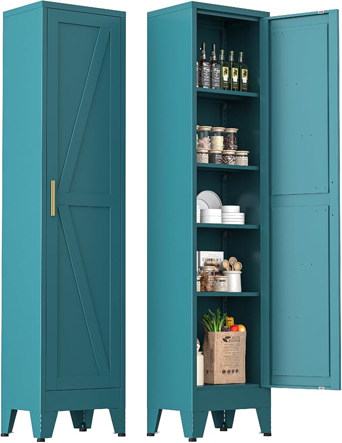 YAUWOH Narrow Metal Cabinet with 4 Adjustable Shelves and Barn Doors,Tall Bathroom Storage Cabinet, Metal Pantry Organizer for Kitchen,Home Office, Dining Room,Blue