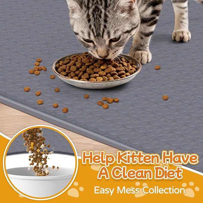 Lanstics Cat Food Mat, 51" x 26" Large Silicone Mat Cat Feeding Mat with Raised Edge Non-Slip Pet Feeding Mat for Food and Water Bowl, Easy to Clean, Floor Protection (Gray)