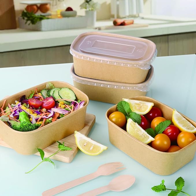 Belinlen 50 Sets 25oz Disposable Kraft Paper Bowls with Lids, Rectangle Paper Food Containers with Lids, Salad Bowls for Hot/Cold Food, Soup, Meal Prep, Ice Cream, Takeout, Party Supplies(750ml)
