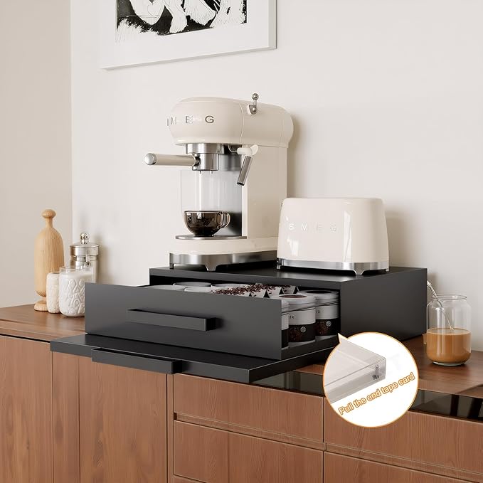 VibeNest Steel Microwave Stand with Pull-Out Drawers & Shelves | Countertop Organizer for Compact Microwaves, Coffee Station & Kitchen Appliance Storage (Black+Drawer+Shelf)
