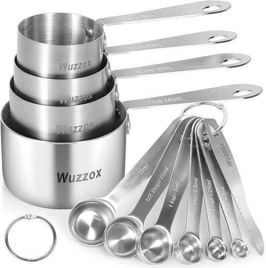 Wuzzox Stainless Steel Measuring Cups & Spoons Set of 11, Stackable Metal Measuring Cups & Spoons, Kitchen Gadgets for Cooking & Baking