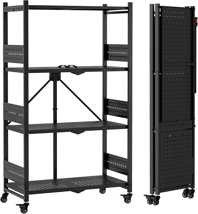 WORKPRO 4-Tier Folding Shelf, No-Assembly Metal Storage Rack with Wheels, 600 lbs Capacity (with Leveling Feet), Collapsible Shelving Unit for Kitchen, Pantry, Bathroom & Closet Organization