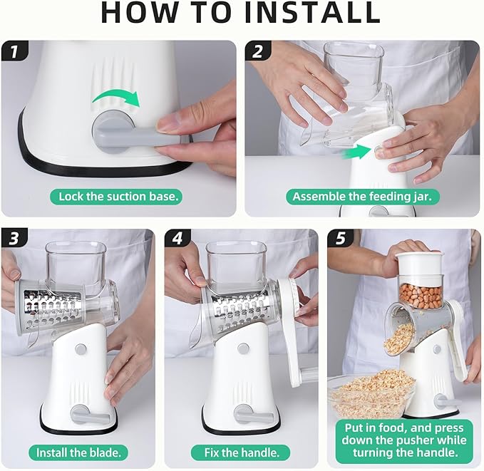 REDPANT 5 in 1 Rotary Cheese Grater, Manual Hand Crank Cheese Grater With Reinforced Suction & 5 Interchangeable Blades, Multifunctional Cheese Shredder, Easy to Use and Clean, White