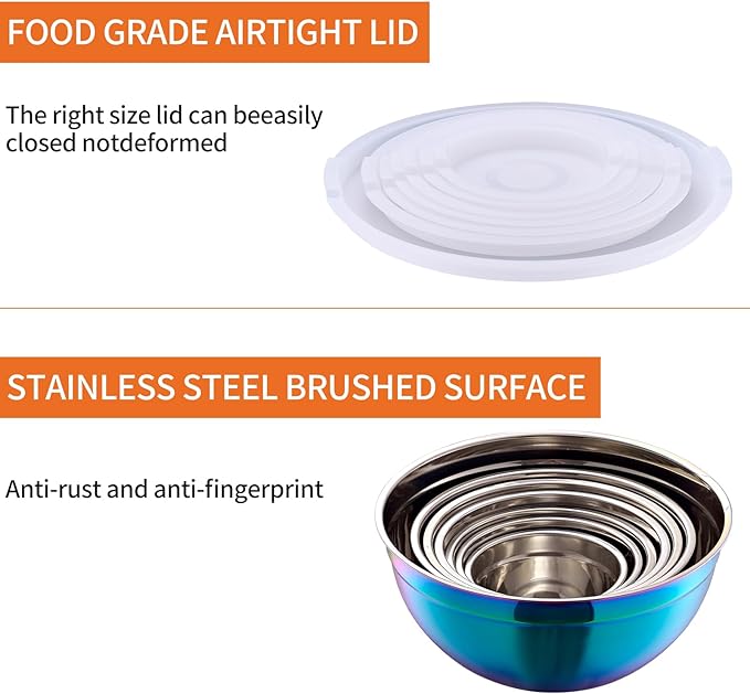 Moxinox Colorful Mixing Bowls with Airtight Lids, Stainless Steel Nesting Mixing Bowls Set of 7, Ideal for Baking, Prepping and Serving Food, Size 7, 3.6, 2.7, 2.1, 1.5, 1.1,0.8 QT, Stackable Design