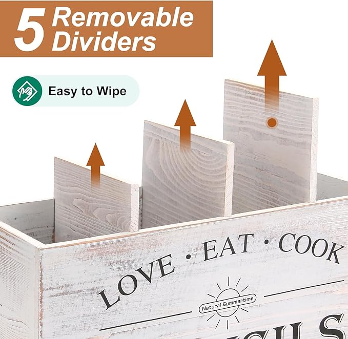 Natural Summertime 2 PC Wooden Utensil Holder,（With 4-Compartments size*1 + 3-Compartments size*1） Extra Large Kitchen Counter,Cooking Spatula Organizer,Farmhouse Decor, Rustic Cooking Utensil