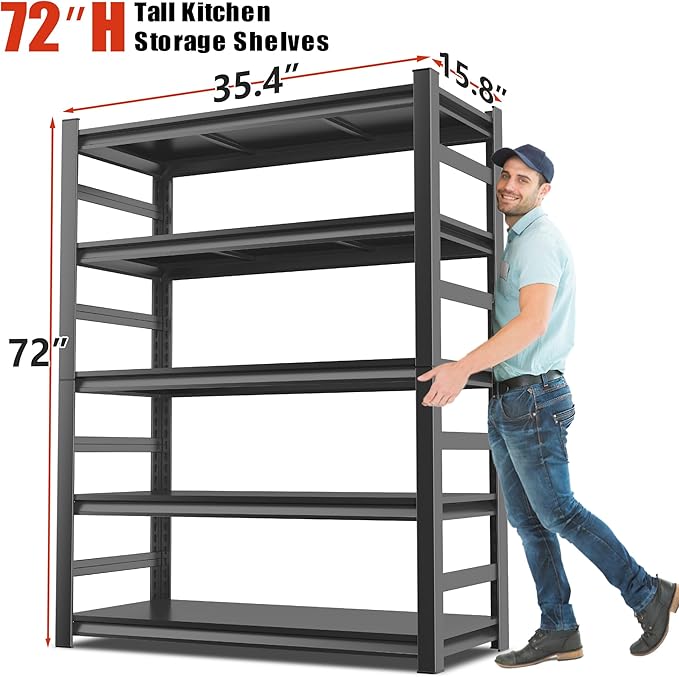 2500LBS Heavy Duty Metal Shelving Unit, 5-Tier Adjustable Kitchen Storage Shelves, Large Pantry Organization Rack for Microwave & Appliances, No-Bolt Utility Rack, 35.4" W x 15.8" D x 72" H
