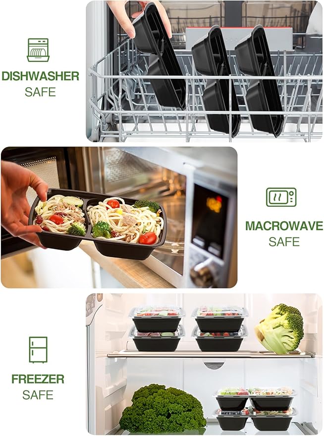 NEEBAKE 60 Sets 32oz Meal Prep Containers 2 Compartment - Plastic Food Storage Containers 2 Compartments with Lids