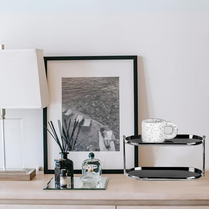 MUSEOWN 2 Tier Metal Frame Perfume Organizer in black - morden, stylish, minimalist tiered tray for Watch, Jewelry, Brooch Skincare, - Elegant Countertop Display Shelf for Dresser, Vanity, Bathroom