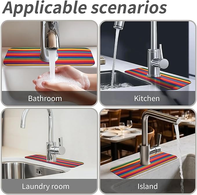 Kitchen Sink Splash Guard，Rainbow stripes Faucet Mat Sink Gadgets-Super Absorbent Fast Drying Mat Drip Catcher for Kitchen, Bathroom,Sink Mat, Dish Drying Mat, Bathroom(15" X 5.5" )