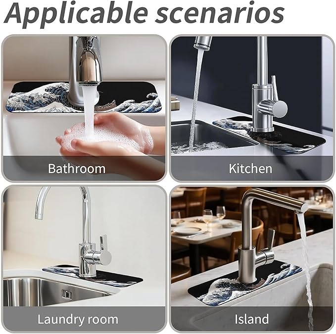 Kitchen Sink Splash Guard，white blue wave Faucet Mat Sink Gadgets-Super Absorbent Fast Drying Mat Drip Catcher for Kitchen, Bathroom,Sink Mat, Dish Drying Mat, Bathroom(15" X 5.5" )