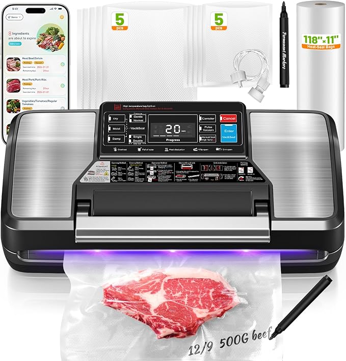 95Kpa Vacuum Sealer Machine for Food with Bags, 12-in-1 Food Saver Vacuum Sealer with Double Heat Seal, Built-in Cutter,Accessory Hose, Bag Storage,10 Bags, 1 Bag Roll & Marker Pen,App Control