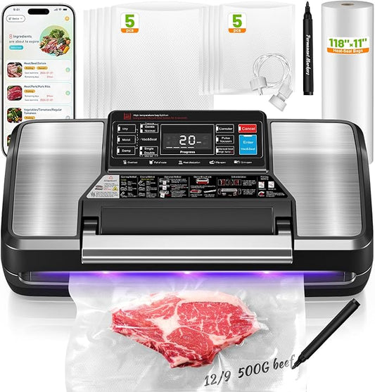 95Kpa Vacuum Sealer Machine for Food with Bags, 12-in-1 Food Saver Vacuum Sealer with Double Heat Seal, Built-in Cutter,Accessory Hose, Bag Storage,10 Bags, 1 Bag Roll & Marker Pen,App Control