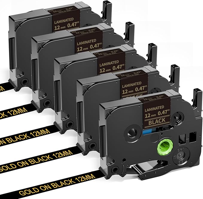 Replacement for Brother Label Maker Tape Gold on Black 12mm 0.47" P Touch Label Tape Gold TZe-334 TZe334, Compatible with Brother Label Maker PT-D220 PT-H110 PT-D210 PT-D400 PT-P710BT PT-D200, 5-Pack