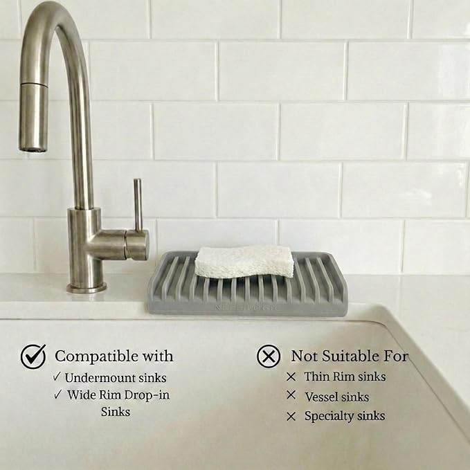 Effilogic Silicone Sponge Holder – Self-Draining Kitchen Sink Organizer, Quick Dry Mat and Counter Protector – Dishwashing Accessories for Sponges, Brushes, and Soap - Large Grey