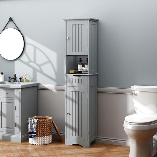 ChooChoo 67" Tall Bathroom Storage Cabinet Freestanding with Adjustable Shelves, Narrow Storage Linen Cabinet with 2 Doors and 1 Drawers for Bathroom, Living Room, Kitchen, Grey