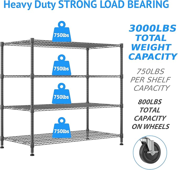 Homdox Heavy Duty Metal Shelves for Storage, 4 Tier Storage Racks and Shelving, Commercial Adjustable Wire Shelving Unit on Wheels, Garage Rack Pantry Shelves Kitchen Shelving, 24"x60"x72", Black