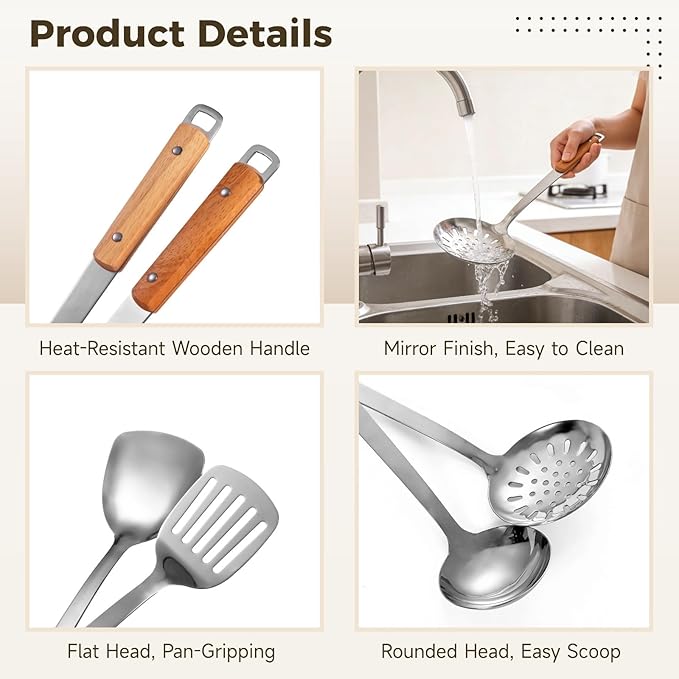 9PCS Stainless Steel Cooking Utensils, Kitchen Cooking Utensils Set with Wooden Hanlde, Including 304 Stainless Steel Spatula, Ladle, and Slotted Spoon, Metal Kitchen Utensils Set
