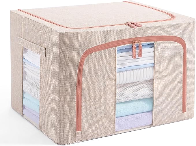GuliPostan 100L Stackable Clothes Storage Bins with Metal Frame Handles & Zipper, Collapsible Closet Organizer Box with Lid for Bedding Blankets Towel (Beige,1 pack)