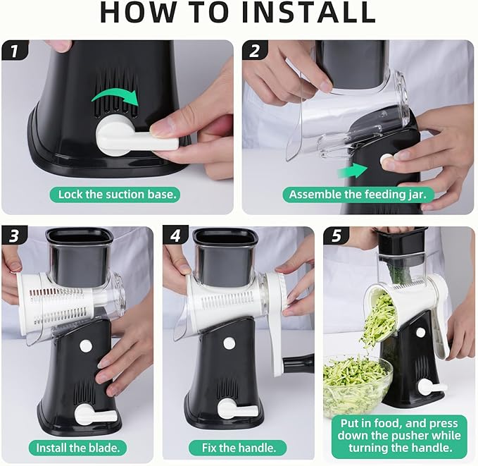 REDPANT 5 in 1 Rotary Cheese Grater, Manual Hand Crank Cheese Grater With Reinforced Suction & 5 Interchangeable Blades, Multifunctional Cheese Shredder, Easy to Use and Clean, Black