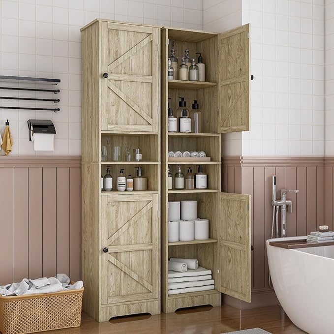 Viaozutis Tall Bathroom Storage Cabinet, Vertical Freestanding Organizer with Adjustable Shelf, Slim Design for Small Bathrooms, Towels & Toiletries Storage Gray