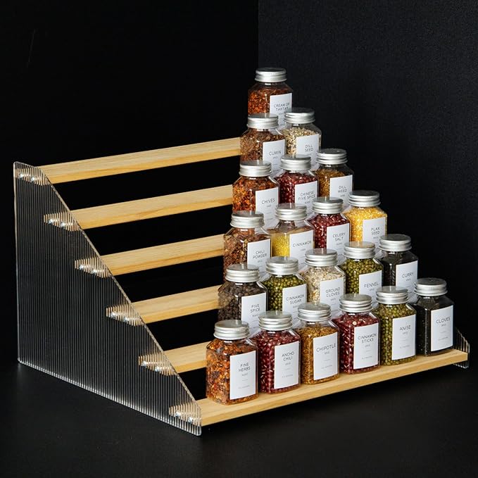 nianfeng Tiered Spice Rack, 6-Tier Spice Pantry Kitchen Cabinet Organizer, 16-Inch, Natural Wood Acrylic Stair Riser Stand, Countertop Seasoning Shelf