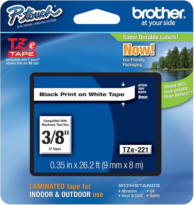 Genuine Brother 3/8" (9mm) Black on White TZe P-Touch Tape for Brother PT-1100, PT1100 Label Maker