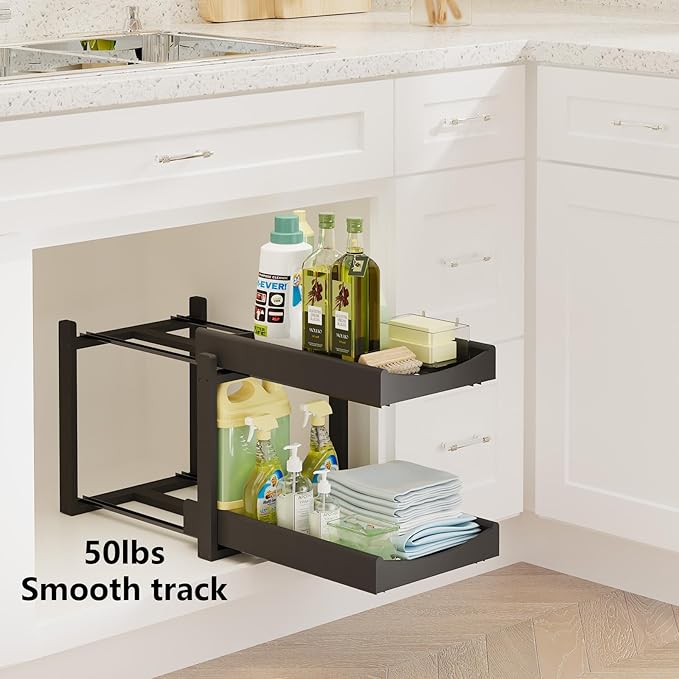 Bamboo Under Sink Organizer Adjustable Height 2 Tier Bathroom Organizer Pull Out Cabinet Storage Kitchen Heave Duty Wood Slide Ou Shelf for Kitchen Bathroom (Black, 1 Pack)