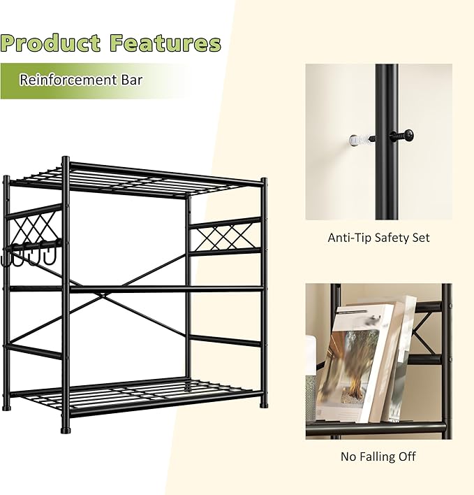 3Tier Storage Shelves Metal Shelving Unit Organizer,Adjustable Wire Shelving Rack Pantry Kitchen with Hooks,Shelves for Laundry,Office and Bathroom closet shelves 23.6" W x 13.8" D x 30.9" H
