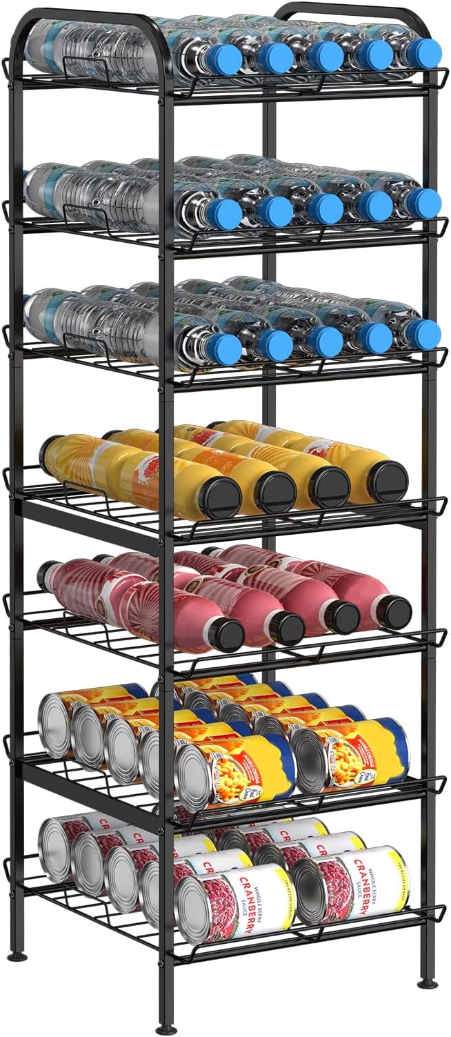 BTY Water Bottle Organizer 7 Tier Freestanding Water Bottle Storage Organizer Metal Bottle Rack Holder Stand Shelf for Kitchen Pantry Food Storage (Black)