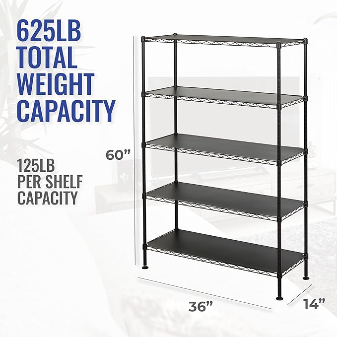 SafeRacks - NSF Certified Storage Shelves, Zinc, Heavy Duty Steel Wire Unit with Adjustable Feet, Garage or Bakers Rack, Kitchen, Pantry Shelf - (36"x14"x60" 5-Tier) (Black)